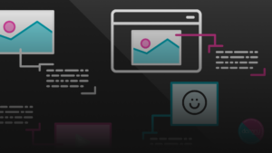 Assortment of visual element icons in pink, white, and teal colors with a dark gray gradient.