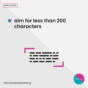 Slide reading "aim for less than 200 characters" as the first tip for image description writing.