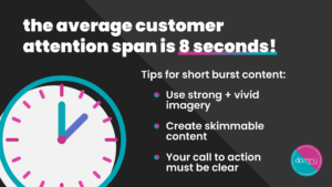 Text graphic showing three tips to keep customers' attention.