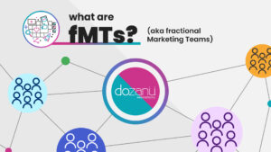 various icons representing dozanü's dfMT service, arranged around the company logo.