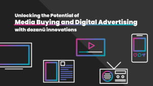 Various media buying icons and bold white text reading: "Unlocking the Potential of ?Media Buying and Digital Advertising with dozanü innovations"