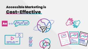 A two-tone light gray photo with a diagonal slash in the center, the title "Accessible Marketing Is Cost-Effective" and various icons representing marketing.