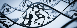 A close-up of a stylized DNA double helix with hexagonal patterns and pixel-like designs