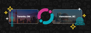 Split image featuring Toronto, ON on the left with the CN Tower and city skyline at dusk, and Vancouver, BC on the right with Science World and downtown buildings in daylight. Centered is the dozanü logo, surrounded by colorful icons and sparkles.